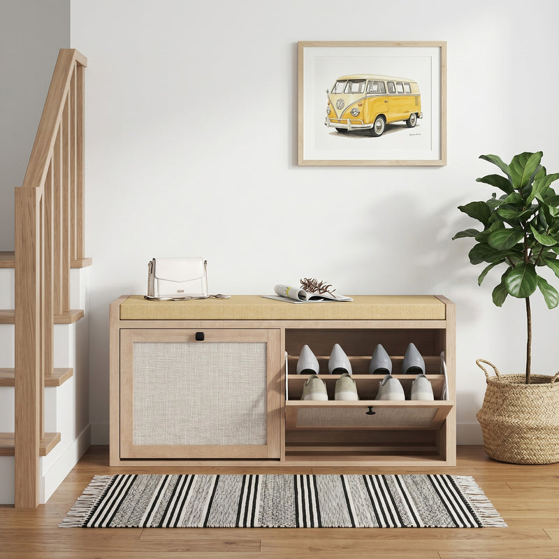 Shoe Storage Bench with Hidden Cabinets and Padded Seat for Hallway Organisation Oak Beige Homcom