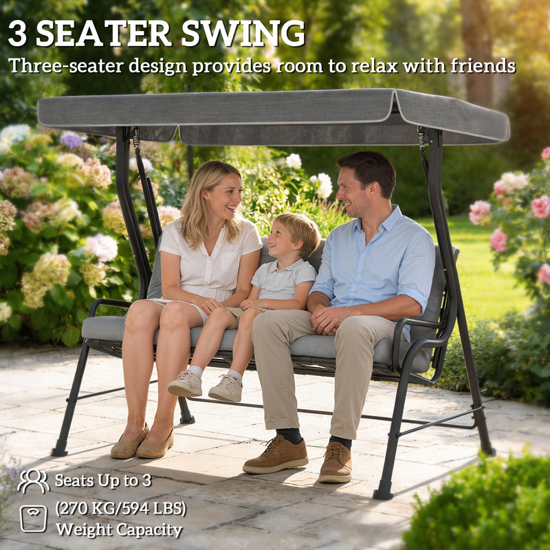 3 Seater Garden Swing Chair with Adjustable Canopy and Thick Cushions Light Grey Outsunny
