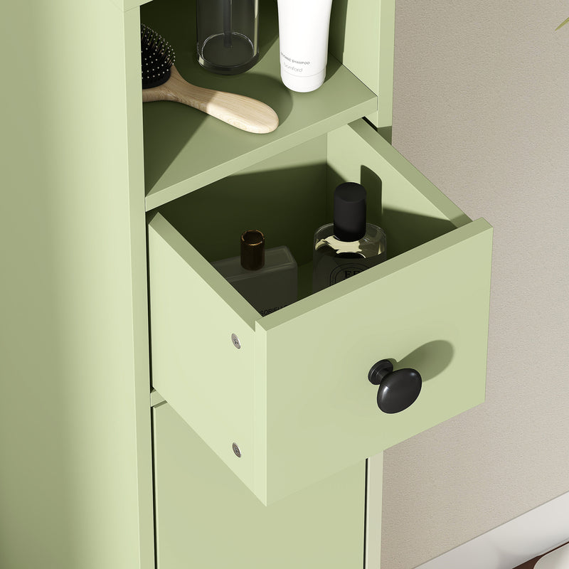 Green Slim Tall Bathroom Storage Cabinet with Drawer Shelves and Cupboards for Small Spaces