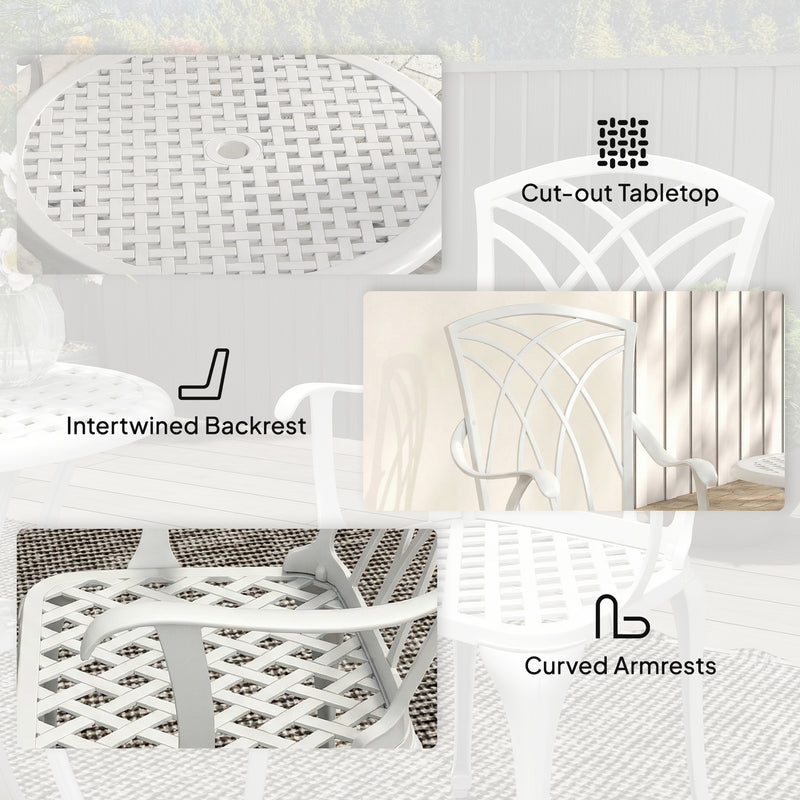 Garden Bistro Set for Small Patios with Parasol Hole, Weather-Resistant Cast Aluminium White