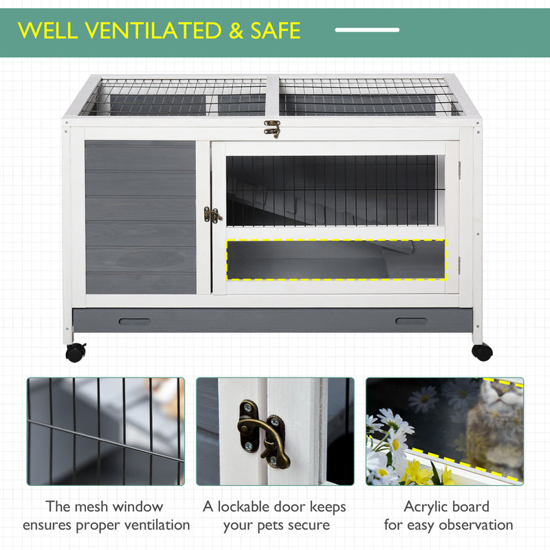 Elevated Wooden Rabbit Hutch with Slide Out Tray for Indoor Use Guinea Pig Cage Grey AOSOM