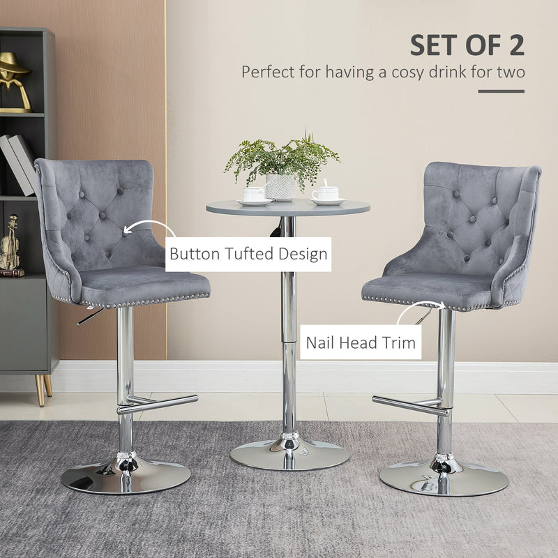 Set of 2 Adjustable Swivel Bar Stools with Tufted Back and Footrest for Home Bar Grey