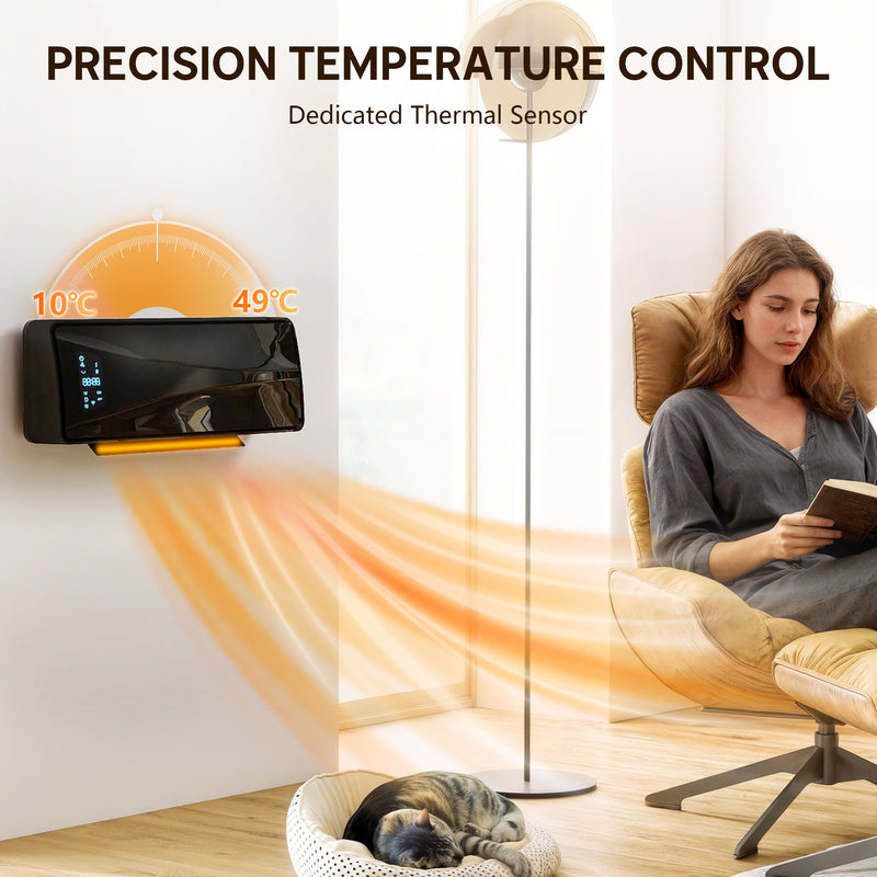 2000W Wall Mounted Ceramic Electric Heater With Fan Remote And Thermostat Control Black