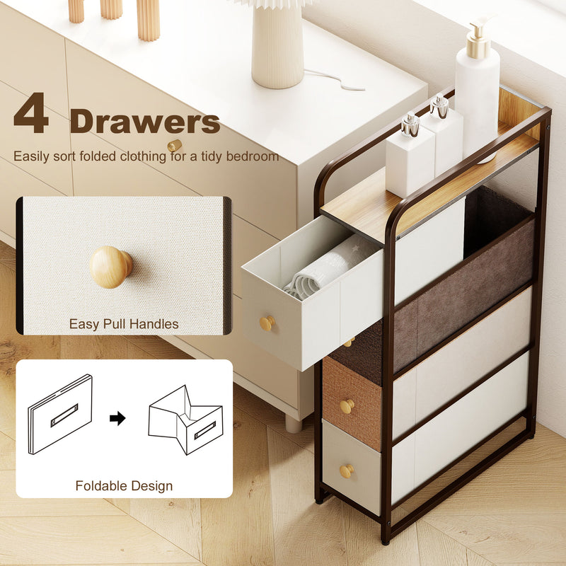 Slim Chest of Drawers for Narrow Spaces with 4 Fabric Drawers and Guardrail Top Multicoloured