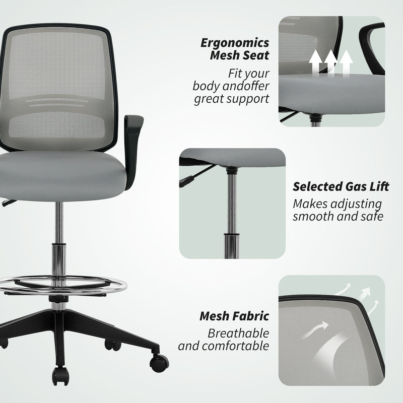 Adjustable Draughtsman Office Chair with Footrest for Tall Desks or Counters Light Grey