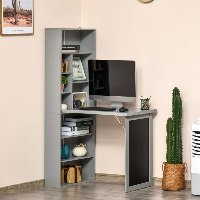 Image of a Grey Bookcase With Fold Down Desk and Chalkboard  Space Saving Furniture For Small Spaces