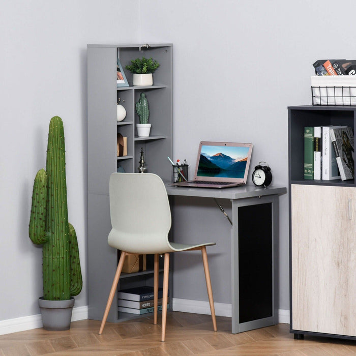 Image of a Grey Bookcase With Fold Down Desk and Chalkboard  Space Saving Furniture For Small Spaces