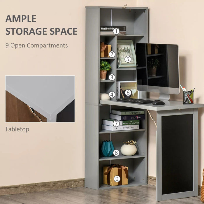 Image of a Grey Bookcase With Fold Down Desk and Chalkboard  Space Saving Furniture For Small Spaces