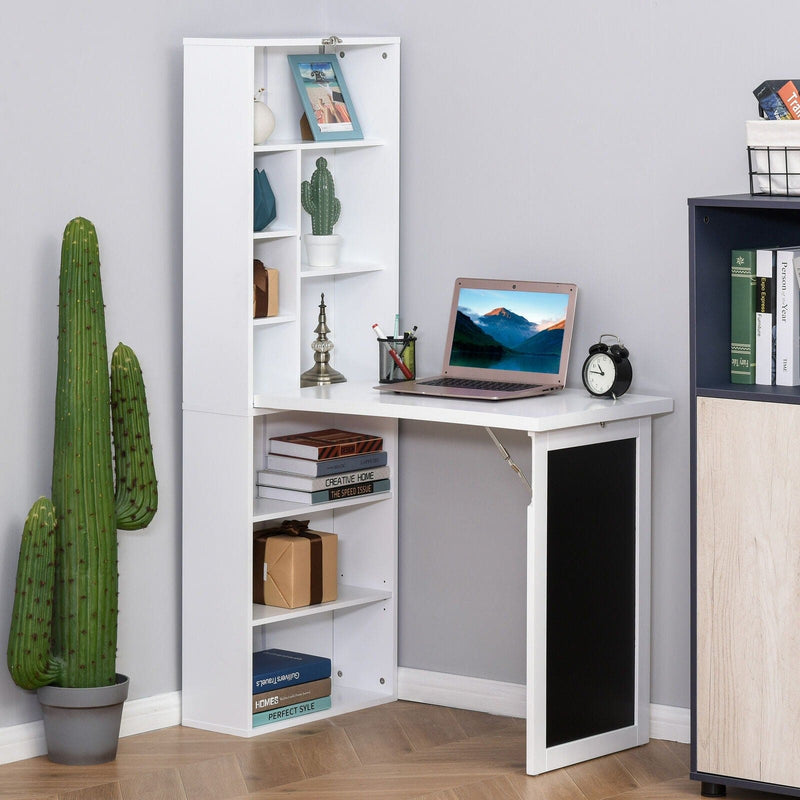 Image of a White Bookcase With Fold Down Desk and Chalkboard  Space Saving Furniture For Small Spaces