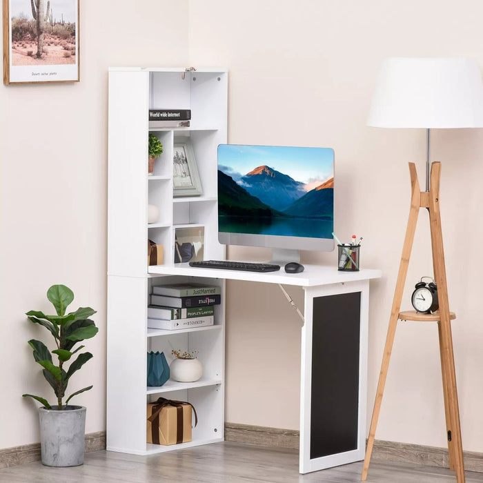 Image of a White Bookcase With Fold Down Desk and Chalkboard  Space Saving Furniture For Small Spaces