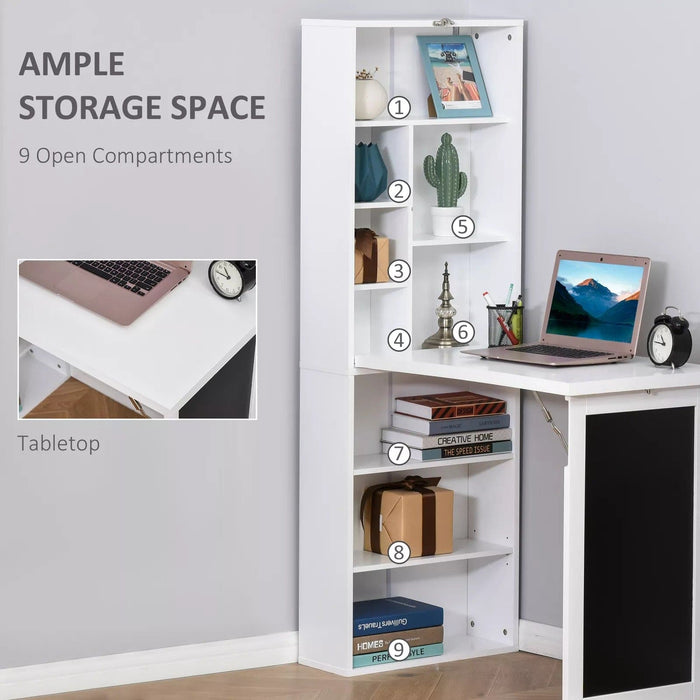 Image of a White Bookcase With Fold Down Desk and Chalkboard  Space Saving Furniture For Small Spaces