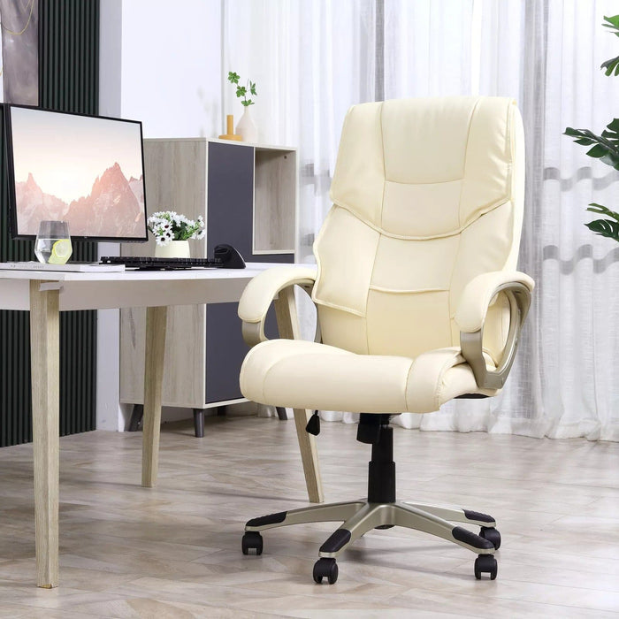 Image of a Comfortable Cream Leather Swivel Office Chair With Arms And Adjustable Height.