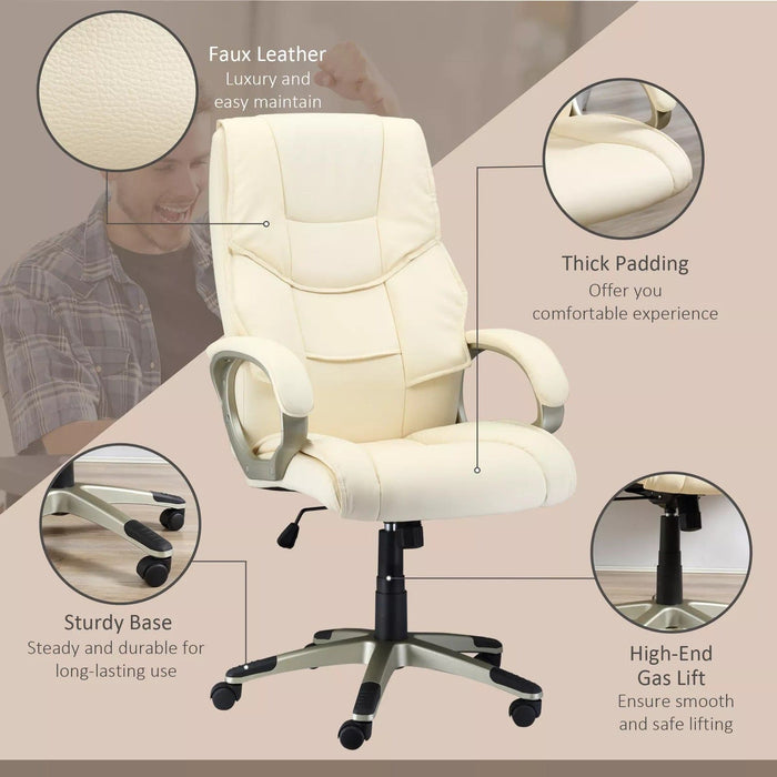 Image of a Comfortable Cream Leather Swivel Office Chair With Arms And Adjustable Height.