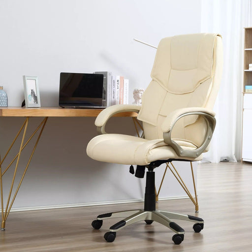 Image of a Comfortable Cream Leather Swivel Office Chair With Arms And Adjustable Height.