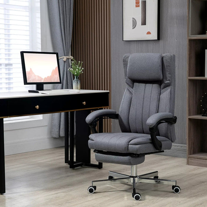 Image of a comfortable grey cloth office chairs on wheels with arms and adjustable head rest for home or office.