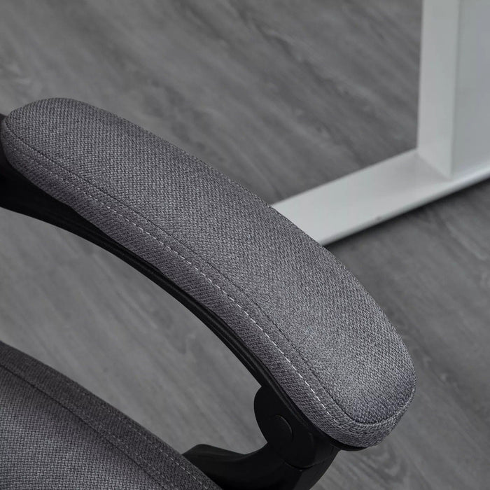 Image of a comfortable grey cloth office chairs on wheels with arms and adjustable head rest for home or office.