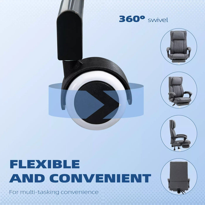 Image of a comfortable grey cloth office chairs on wheels with arms and adjustable head rest for home or office.