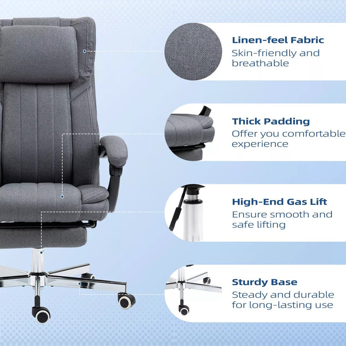 Image of a comfortable grey cloth office chairs on wheels with arms and adjustable head rest for home or office.