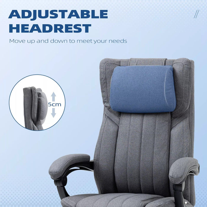 Image of a comfortable grey cloth office chairs on wheels with arms and adjustable head rest for home or office.