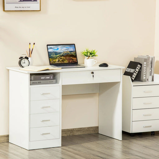 Image of a Homcom White Desk With Drawers 110cm Wide Includes One Large Lockable Drawer