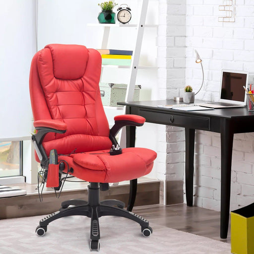 Image of a Red Leather Heated Massage Desk Chair on Wheels With Arms