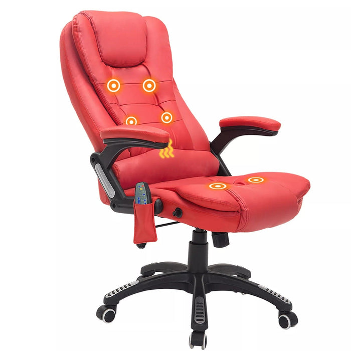 Image of a Red Leather Heated Massage Desk Chair on Wheels With Arms