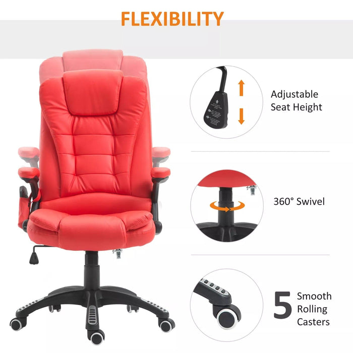 Image of a Red Leather Heated Massage Desk Chair on Wheels With Arms