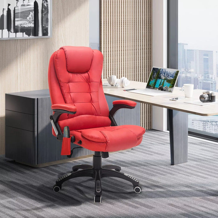 Image of a Red Leather Heated Massage Desk Chair on Wheels With Arms