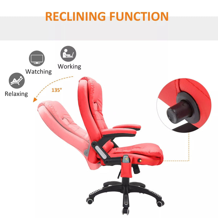 Image of a Red Leather Heated Massage Desk Chair on Wheels With Arms