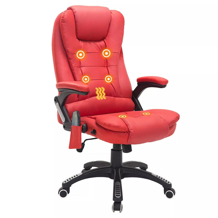 Image of a Red Leather Heated Massage Desk Chair on Wheels With Arms