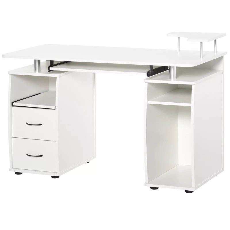 Image of a White Computer Desk With Keyboard Tray, Shelves, Drawers, and CPU stand. It's the perfect home office workstation