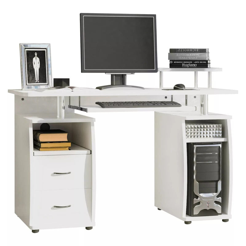 Image of a White Computer Desk With Keyboard Tray, Shelves, Drawers, and CPU stand. It's the perfect home office workstation