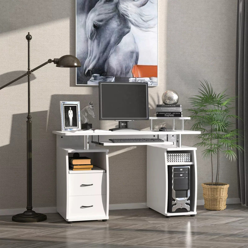 Image of a White Computer Desk With Keyboard Tray, Shelves, Drawers, and CPU stand. It's the perfect home office workstation