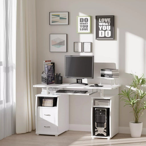 Image of a White Computer Desk With Keyboard Tray, Shelves, Drawers, and CPU stand. It's the perfect home office workstation