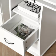 Image of a White Computer Desk With Keyboard Tray, Shelves, Drawers, and CPU stand. It's the perfect home office workstation