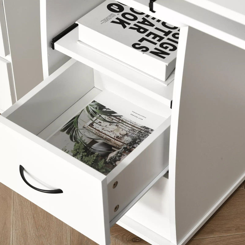 Image of a White Computer Desk With Keyboard Tray, Shelves, Drawers, and CPU stand. It's the perfect home office workstation