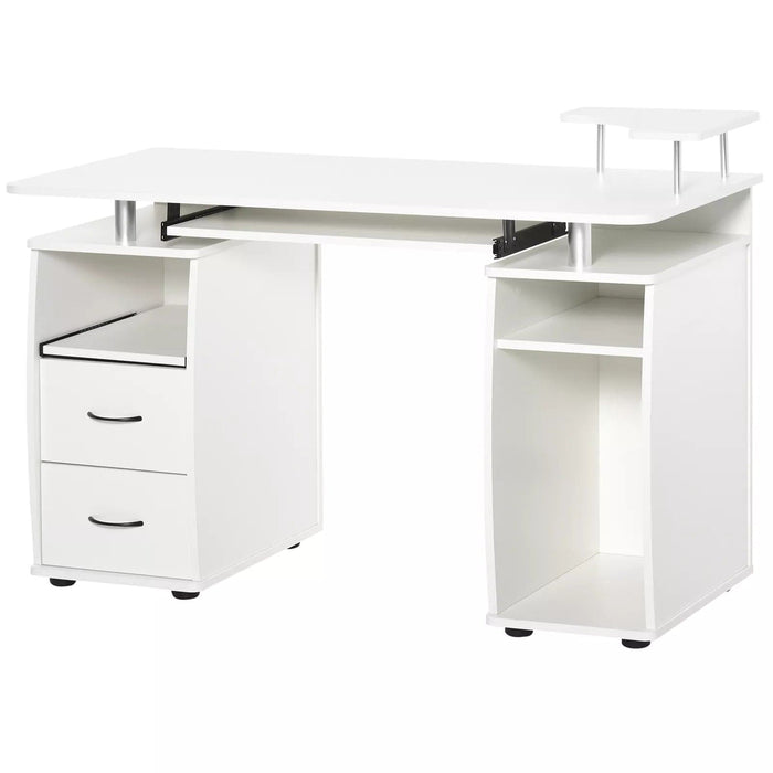 Image of a White Computer Desk With Keyboard Tray, Shelves, Drawers, and CPU stand. It's the perfect home office workstation