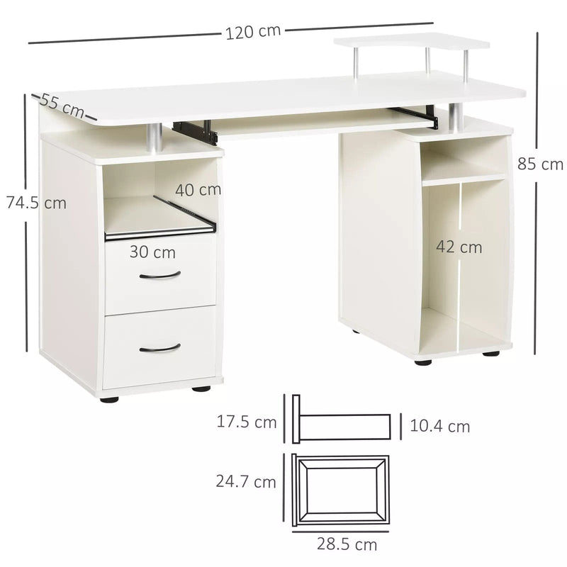 Image of a White Computer Desk With Keyboard Tray, Shelves, Drawers, and CPU stand. It's the perfect home office workstation