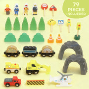79 Piece Wooden Train Set with Crane and Helicopter Fun Mine Themed Track for Kids, Natural AOSOM