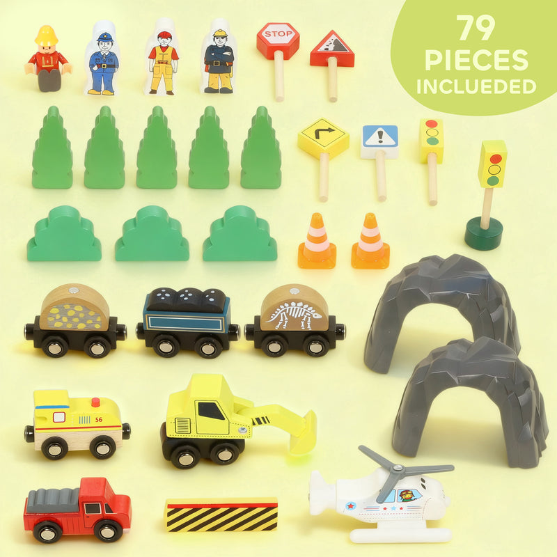 79 Piece Wooden Train Set with Crane and Helicopter Fun Mine Themed Track for Kids, Natural AOSOM