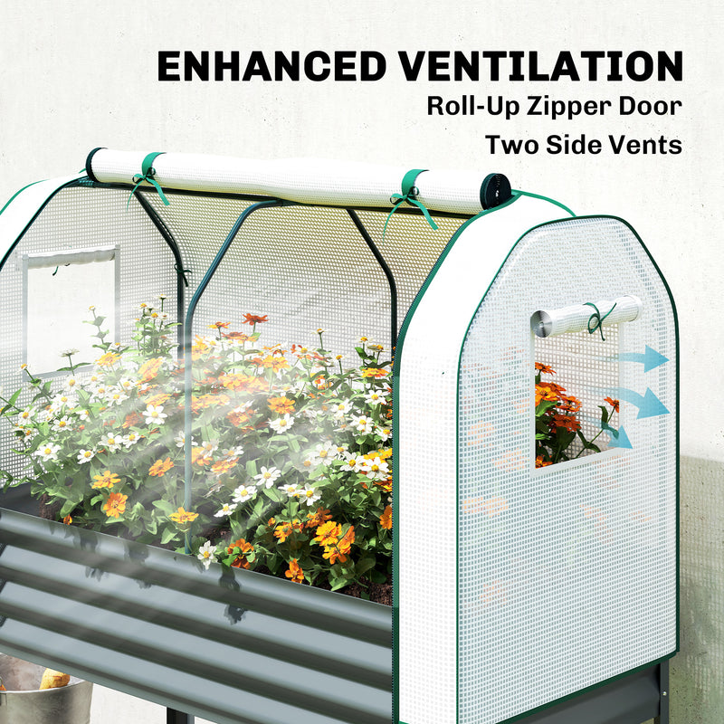 Raised Garden Planter With Greenhouse Cover And Tool Shelf For Easy Gardening Dark Grey Outsunny