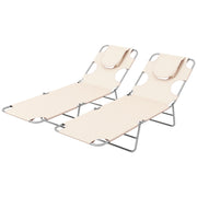 Set of 2 Foldable Sun Loungers with Reading Hole and Adjustable Backrest for Garden Beige AOSOM