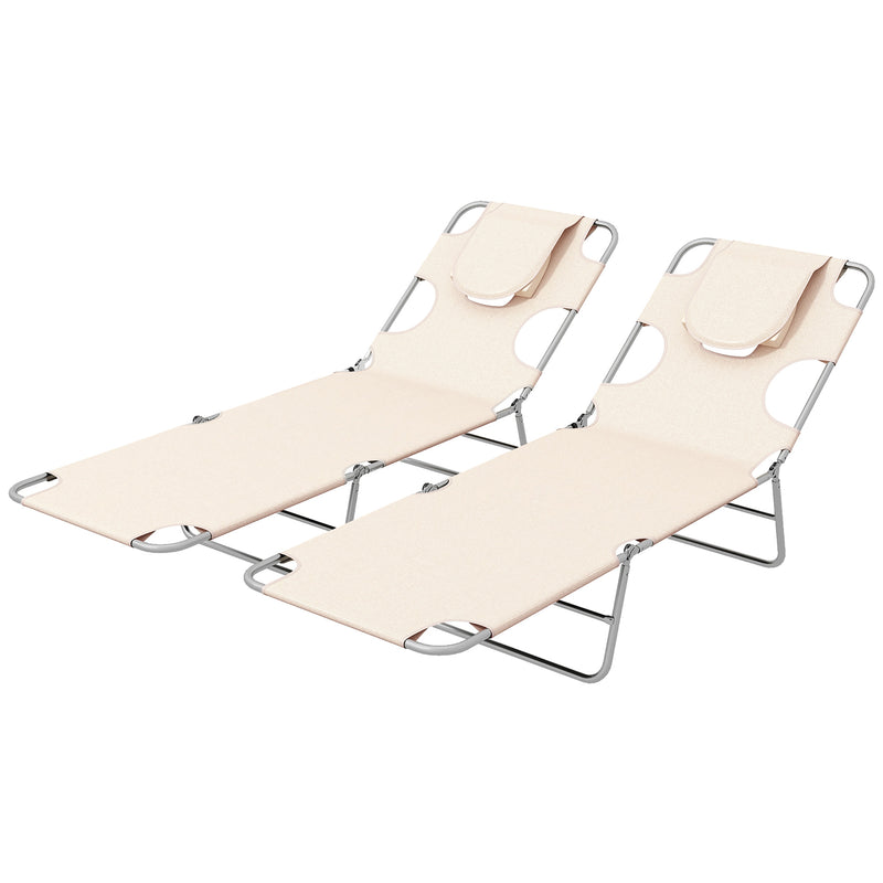 Set of 2 Foldable Sun Loungers with Reading Hole and Adjustable Backrest for Garden Beige AOSOM