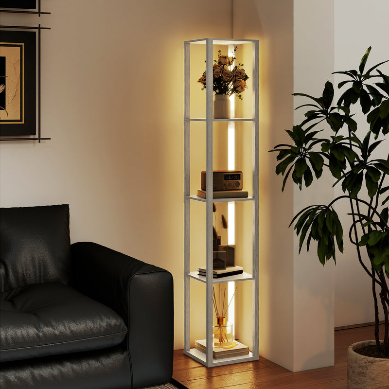Tall Floor Lamp With Storage Shelves And Adjustable Brightness For Living Room, Oak