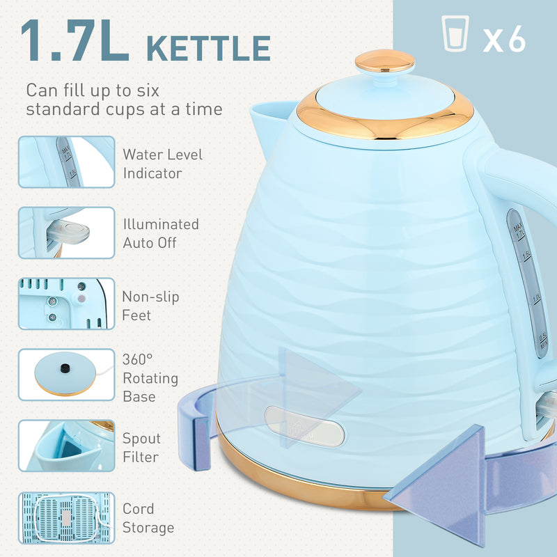 3000W Kettle and 4 Slice Toaster Set with 7 Browning Levels and Crumb Tray, Light Blue