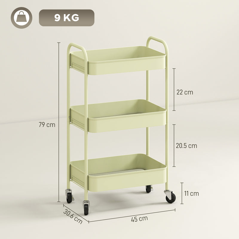Three Tier Steel Storage Trolley With Wheels For Home Or Office Organisation Green