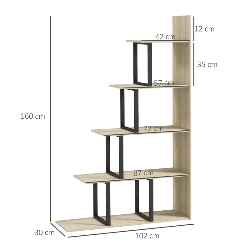 HOMCOM 5-Tier Bookcase, Wooden Ladder Bookshelf Display Stand, Oak AOSOM