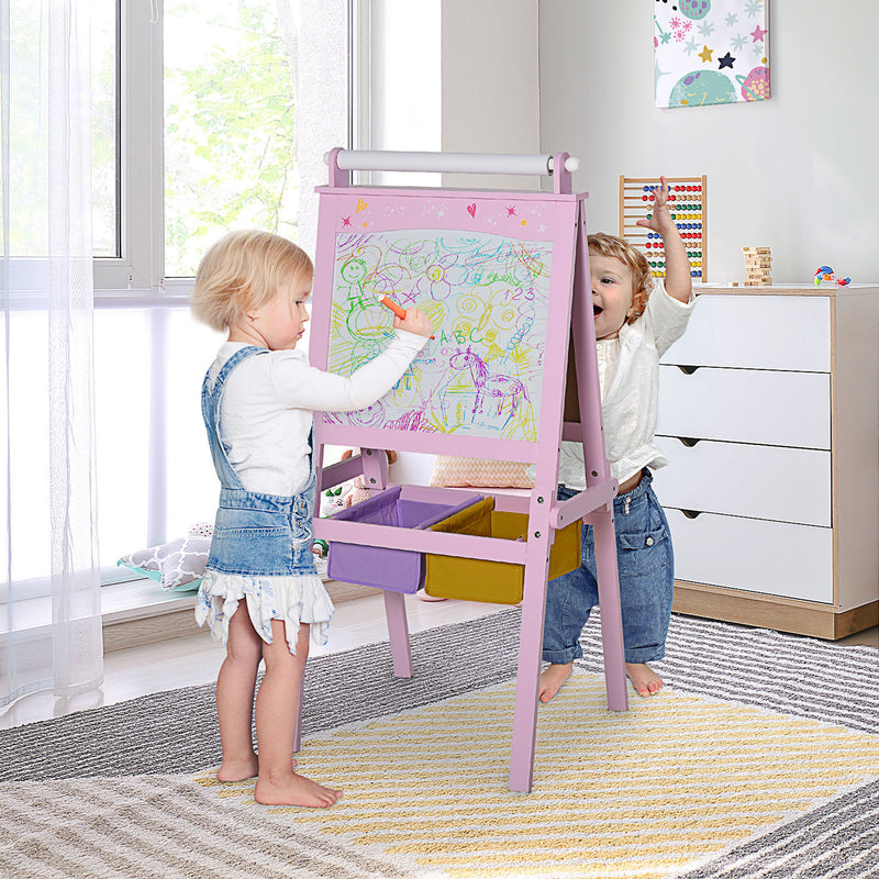 Pink Wooden 3 in 1 Kids Art Easel With Chalkboard Whiteboard and Storage Baskets