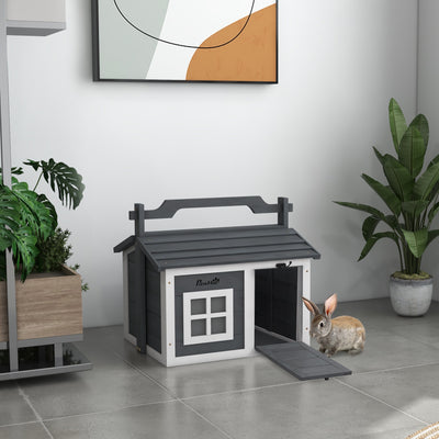 Portable Wooden Rabbit Hutch with Openable Roof and Carry Handle for Indoors or Outdoors Grey