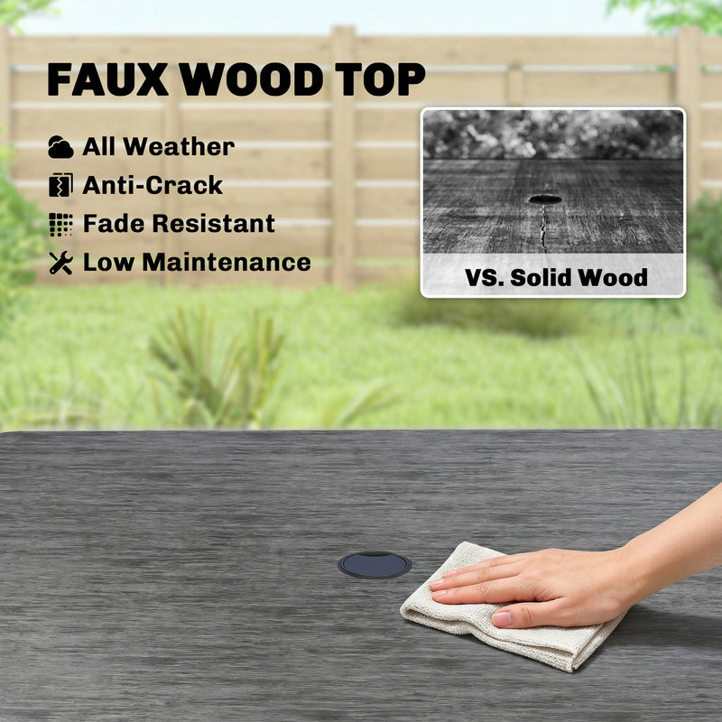 Garden Dining Table for 4 with Parasol Hole and Easy Care Faux Wood Top Dark Grey Outsunny